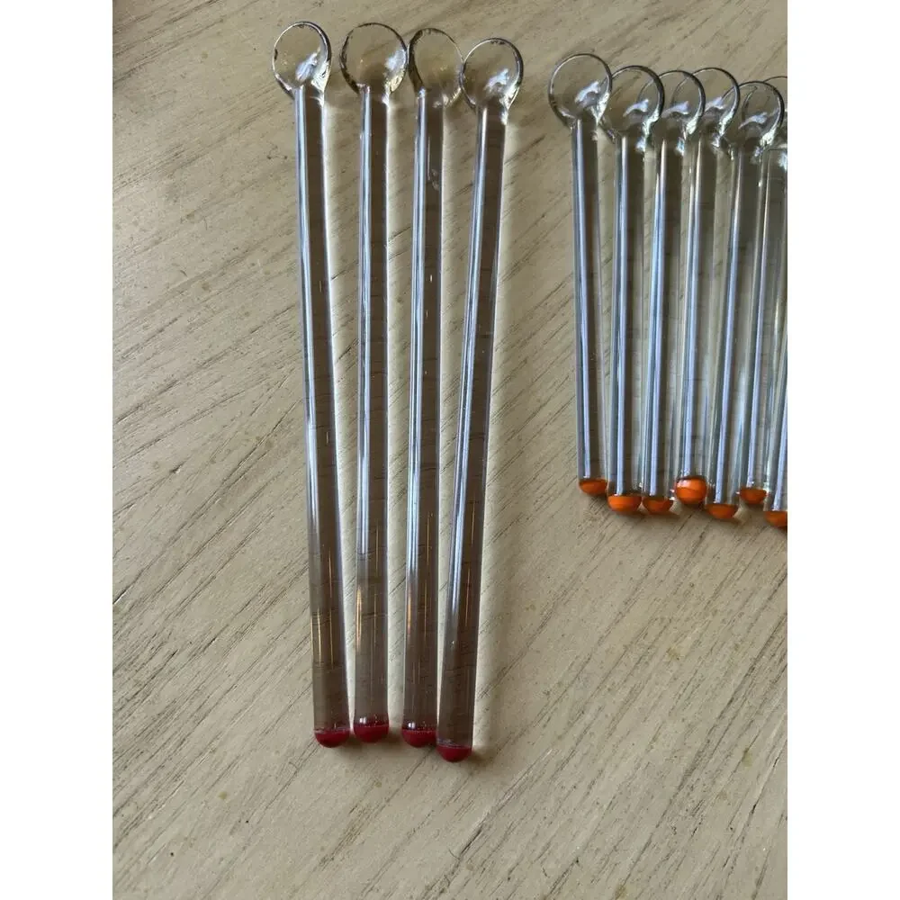 Vintage Glass Cocktail Stirrers Scoop Stir Stick 37 Set Long Red & Orange Tipped